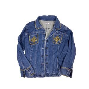 Y2K Denim Jean Jacket Women’s Medium – Embroidered Pockets & Collar Vintage